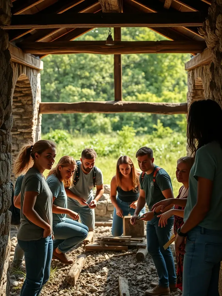 A photograph of volunteers working on the restoration of a traditional stone farmhouse in the Poitou-Charentes region, showcasing the hands-on approach to heritage preservation.