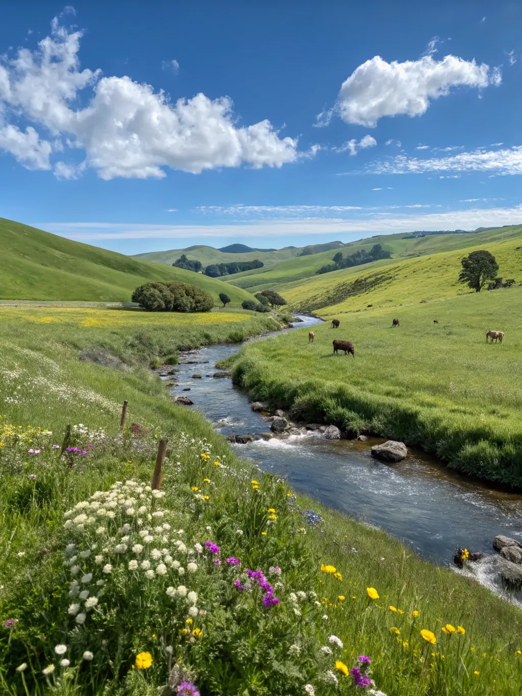 A photograph of a beautifully restored rural landscape, highlighting the importance of preserving the natural environment alongside built heritage.